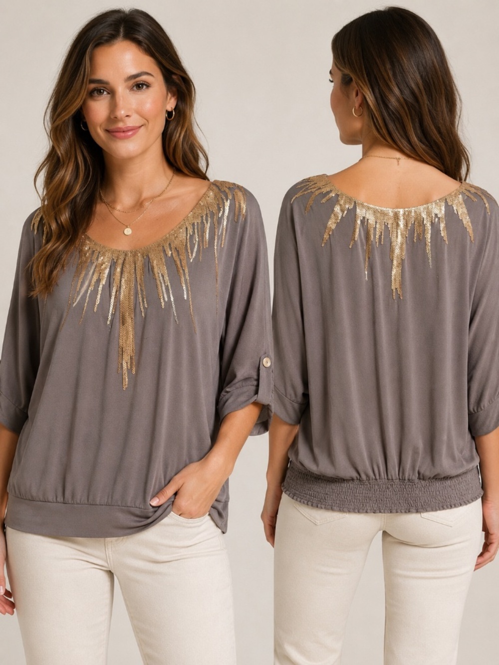 Women's Taupe Blouse with Gold Sequin Neckline